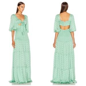 PatBo‎ Women's Satin Dot Ruched Barrel cuff Maxi Dress in Green Size 2